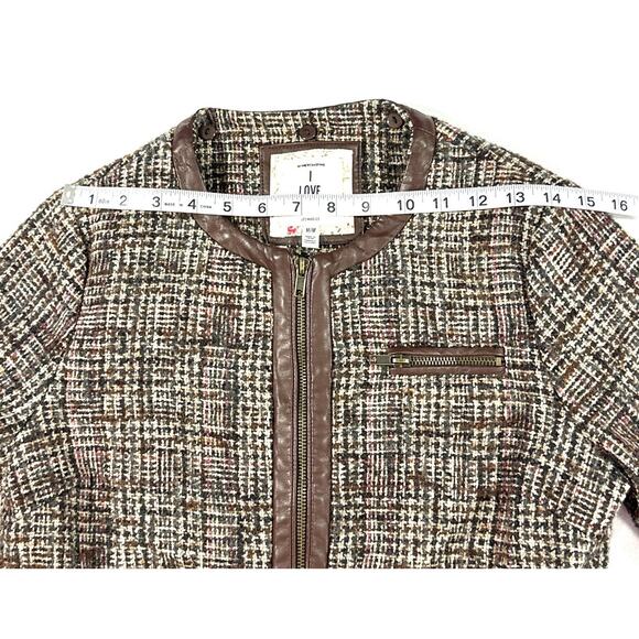Forever 21 I Love H81 Tweed Bomber Jacket M Brown Faux Leather Zip Plaid Lined - Picture 5 of 10